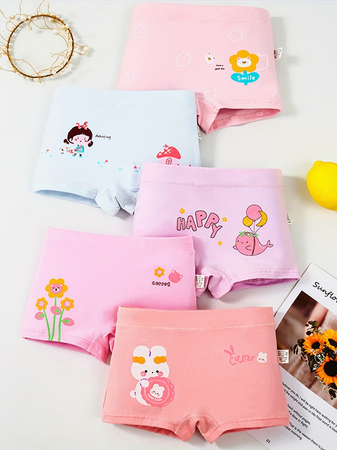 4pcs Girls Boxer Briefs 95% Cotton Cartoon Print Multiple Colors Elastic  Waist Comfortable Breathable Panties Kids Clothes
