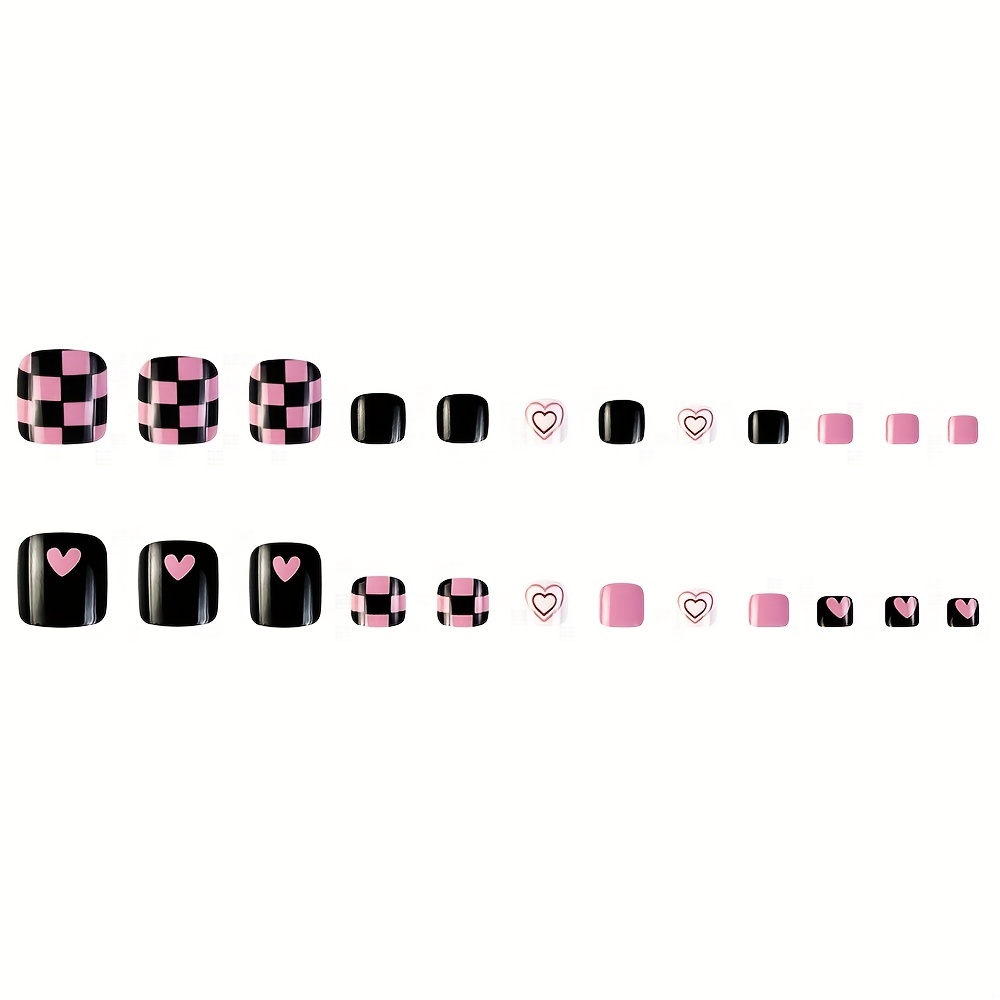 24pcs Checkboard & Heart Full Cover False Toe Nails