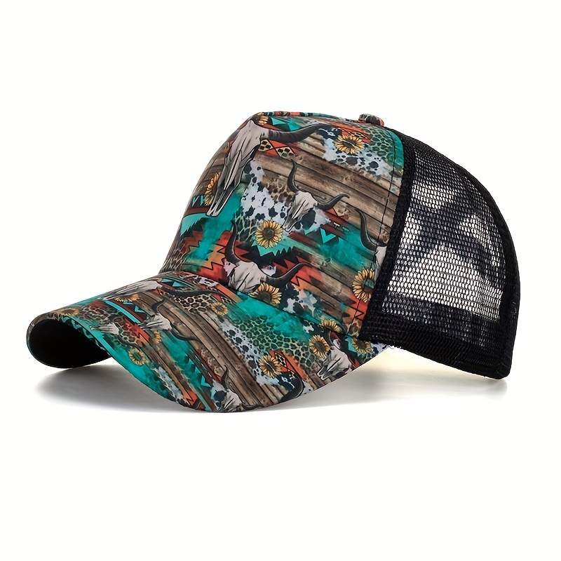 

Bull Head Graphic Trucker Hat - Breathable Mesh Sun Protection Cap For Outdoor Activities