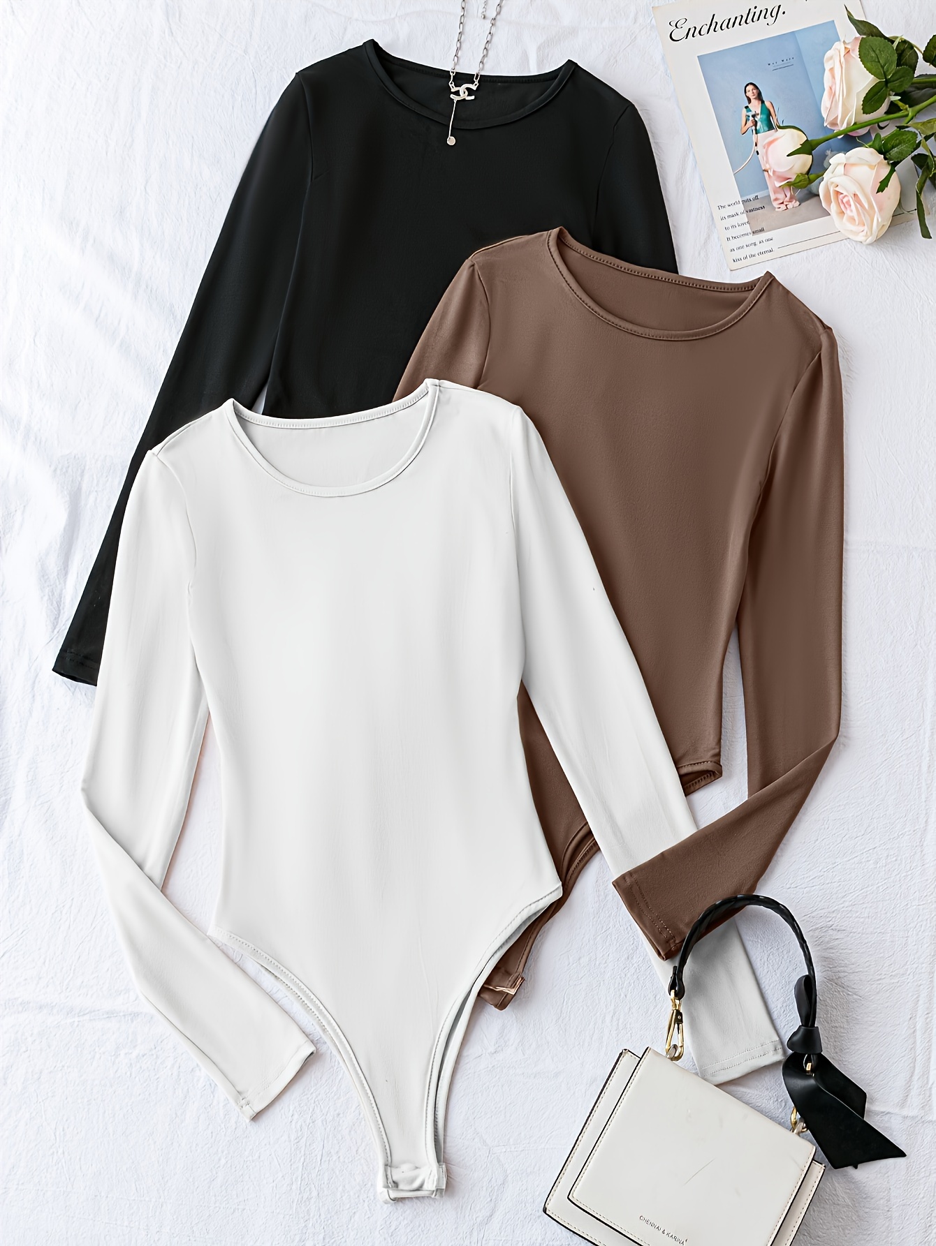 Solid Crew Neck Bodysuit Casual Long Sleeve - Temu