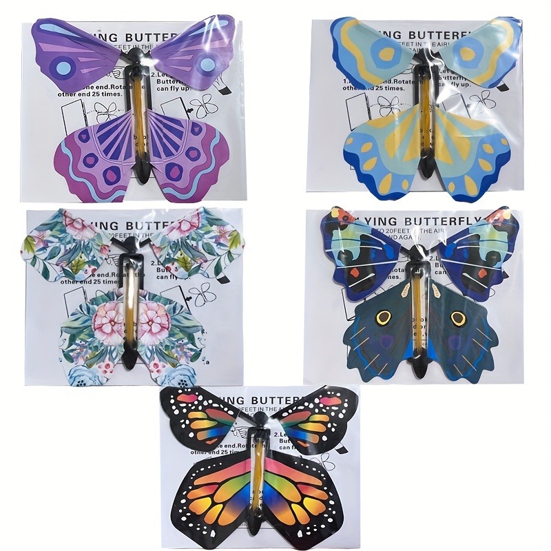 5x juguete alimentado con banda de goma, mariposa voladora, novedad,  mariposa mecánica para rellenos de bolsas de fiesta, marcapáginas,  decoración Estilo B Sunnimix trucos de mariposas voladoras