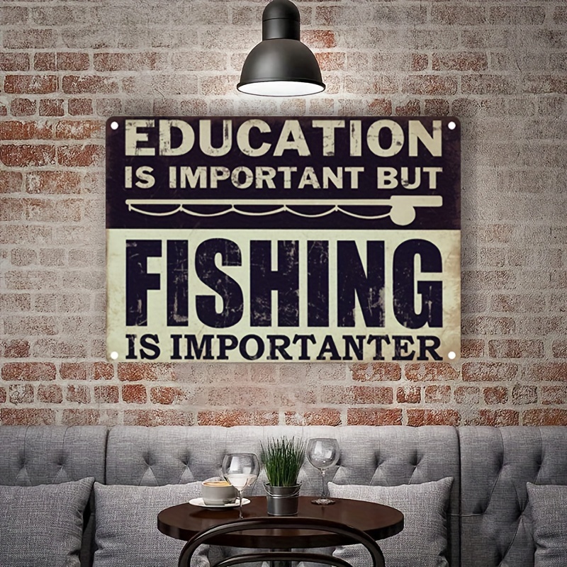 Funny Fishing Metal Signs Lake House Wall Decor, But Fishing is Importanter  Man Cave Bar Decorations Aluminum 12 x 8
