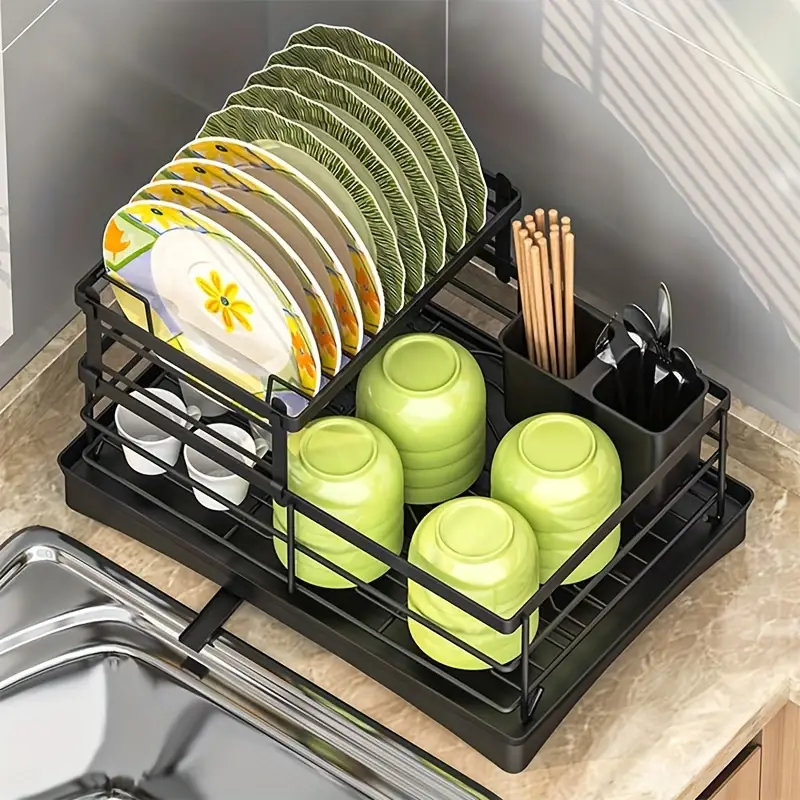 Dish Drying Rack, Dish Rack For Kitchen Counter, 2 Tier Large Dish Drying  Rack With Drainboard, Stainless Steel Dish Drainer With Drainage Utensil  Holder, For Dish, Knives, Cup, Cutting Board, Kitchen Accessories 