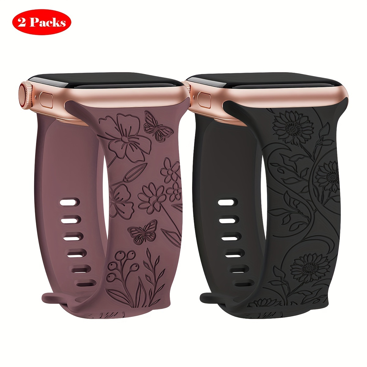 E-shop Set mit zwei florisch gravierten Armbändern, passend für iWatch Größen 40 mm, 41 mm, 38 mm, 42 mm, 44 mm, 45 mm und 46 mm für Damen, mit einem