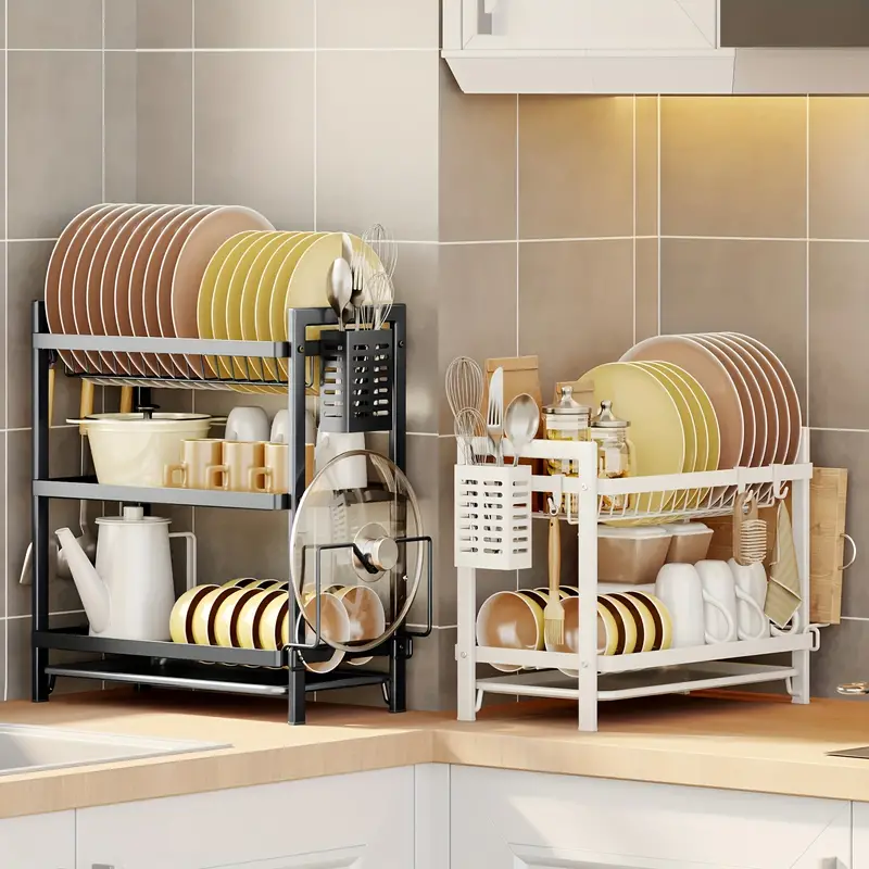 Dish Drying Rack, Larger Capacity 2&3 Tier Dish Racks And Drainboard Set  With Bowl Rack, Drain Board, Cutting Board Rack, Cutlery Rack, Kitchen  Accessories, Black & White - Temu Saudi Arabia