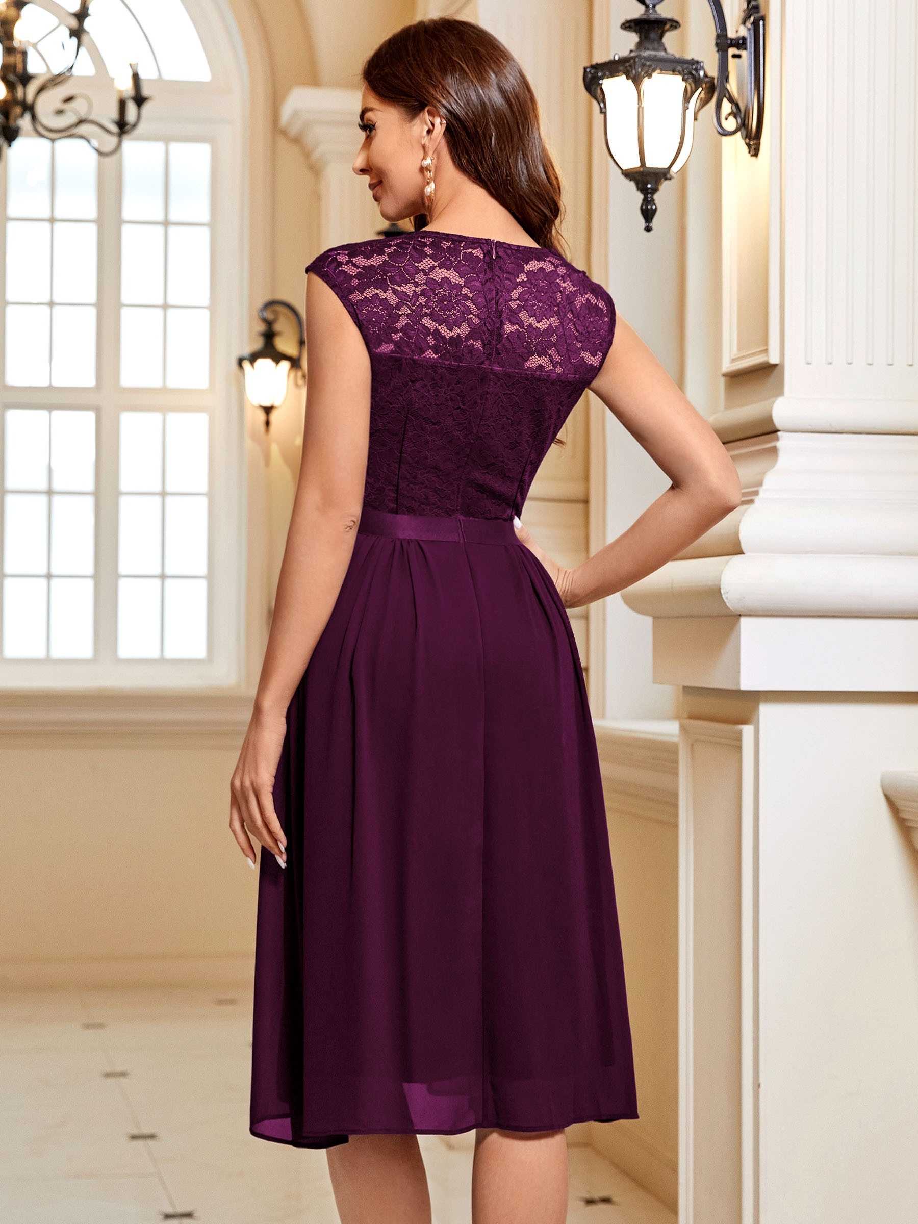 New-design Solid Contrast Lace Sweetheart Neck Dress (Color : Navy