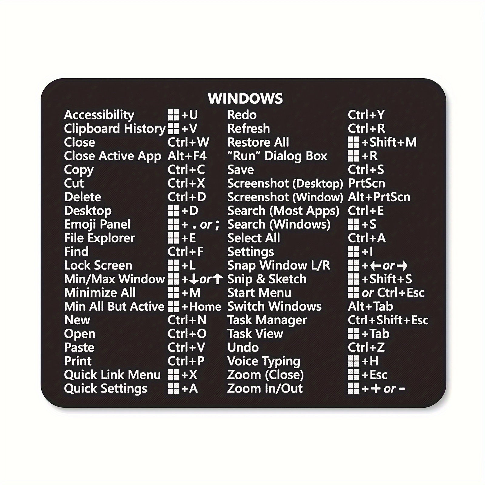 Tapis De Souris Noir Avec Raccourcis Clavier Windows 11 10 - Temu Belgium