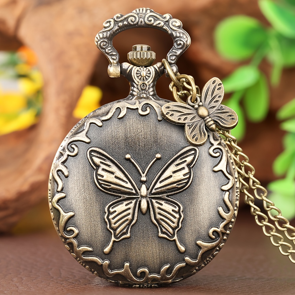 vintage cute butterfly pattern with necklace chain pocket watch gift 1