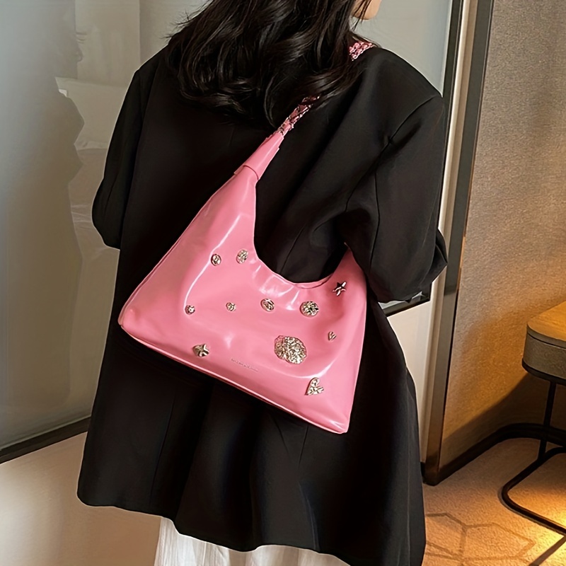 Black Patent Leather Mirror Handbag, Y2K Crescent Handbag, Trendy