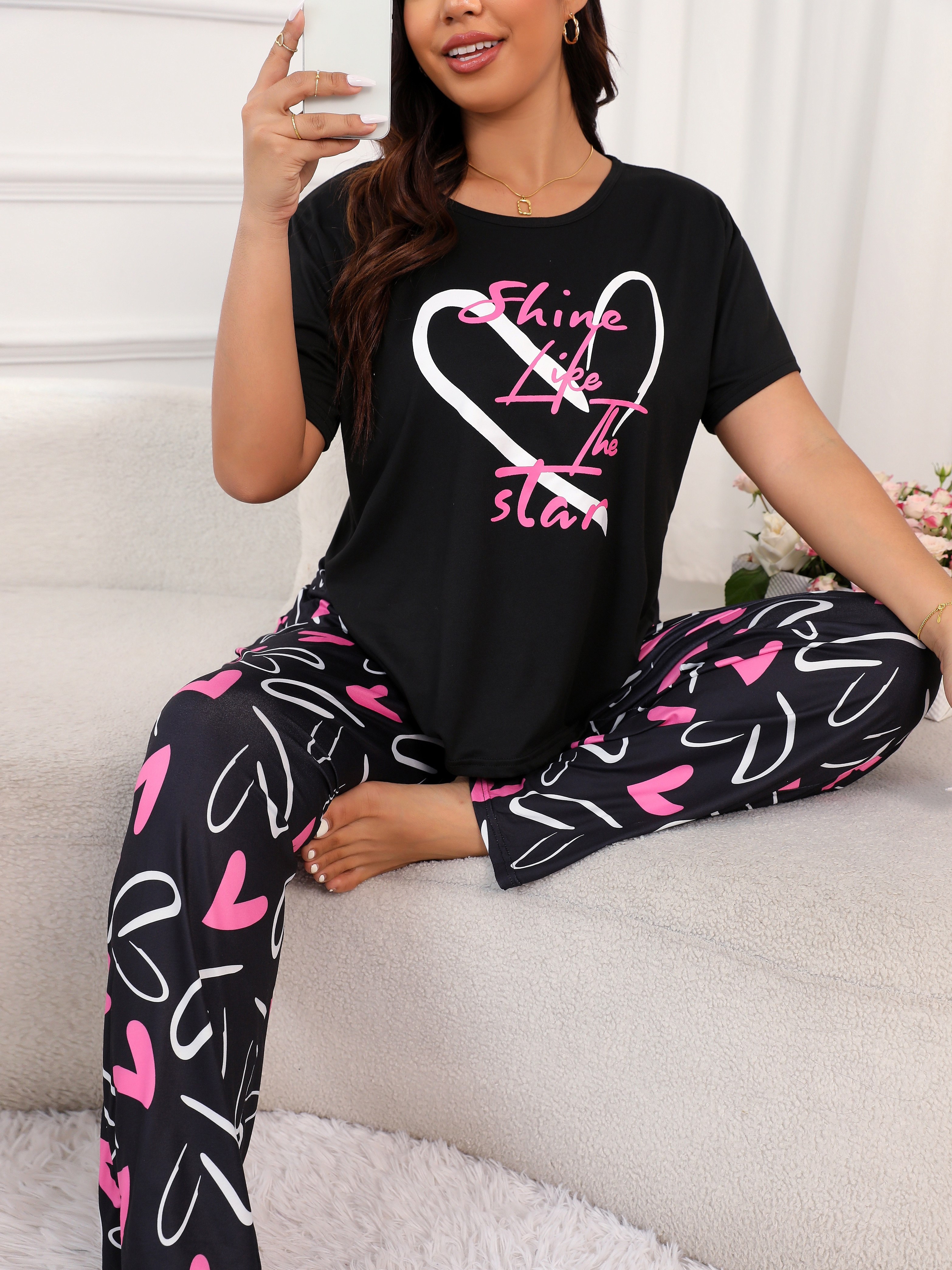 Cute Heart Shaped Printed Pajamas Set For Women, Including Button-up Top  And Shorts, Suitable For Sleep And Home Wear
