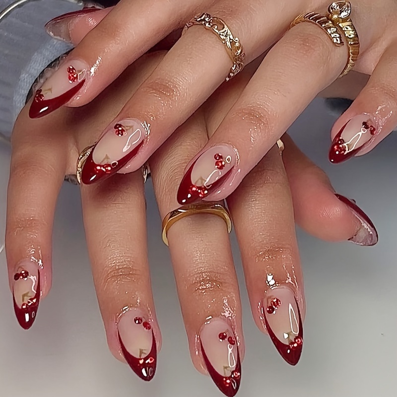 Glossy Red Rhinestone Press On Nails For Women And Girls - Temu