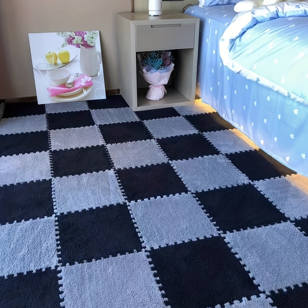 15 Pcs Plush Foam Floor Mat Square Interlocking Fluffy Tiles with Border  Play Mat Flooring Tiles Soft Climbing Area Rugs for Home Playroom Decoration
