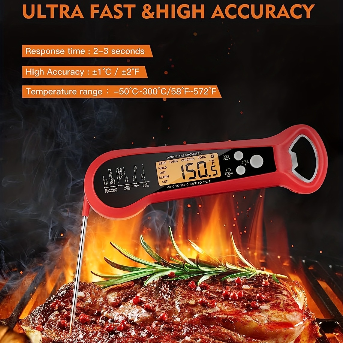 Meat Thermometer, Instant Read Thermometer Digital Meat Thermometer with  Can Opener, 2 in 1 Kitchen Thermometer with Probe, Backlight, Calibration