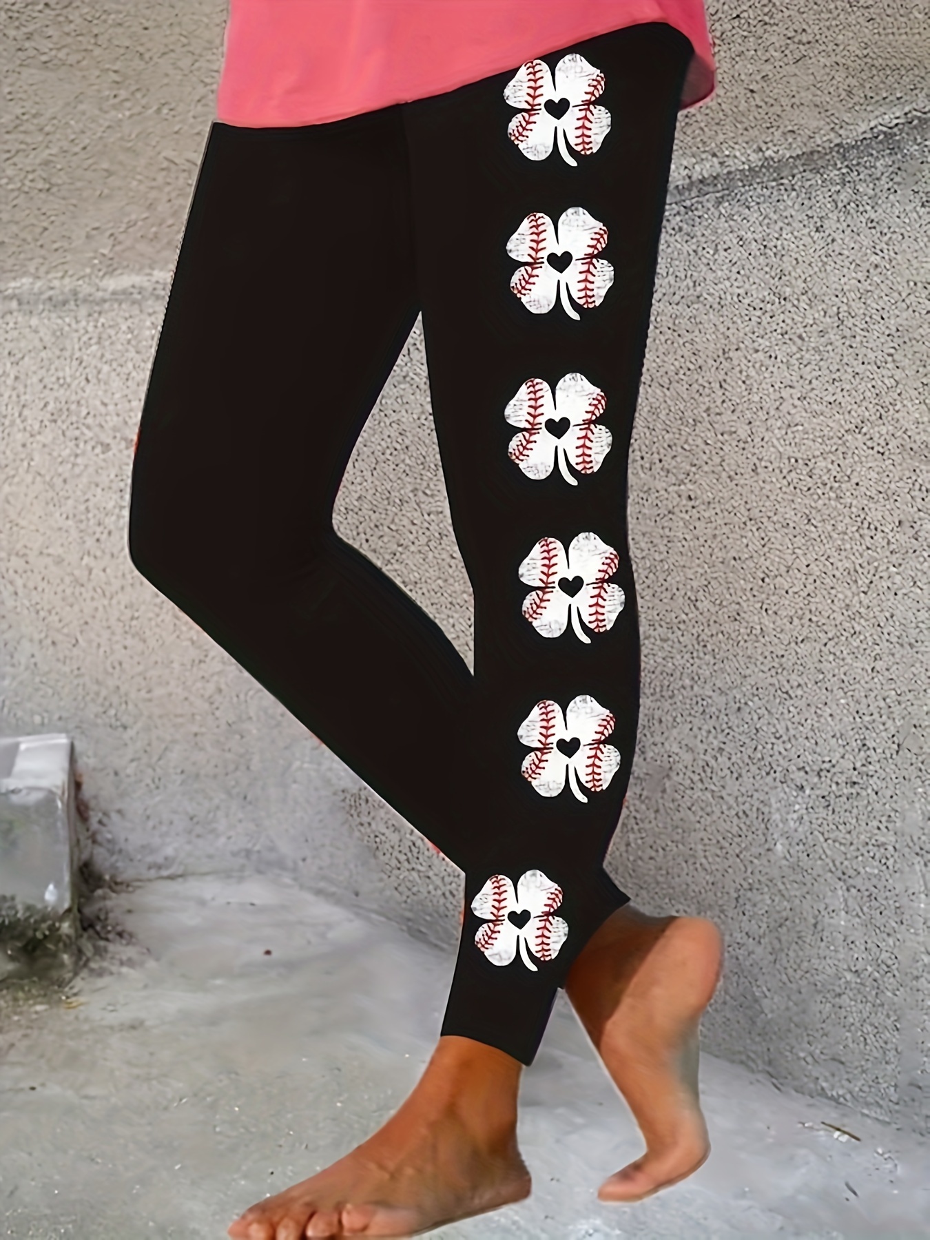 Clover Print Skinny Leggings Casual Elastic Waist Stretchy - Temu