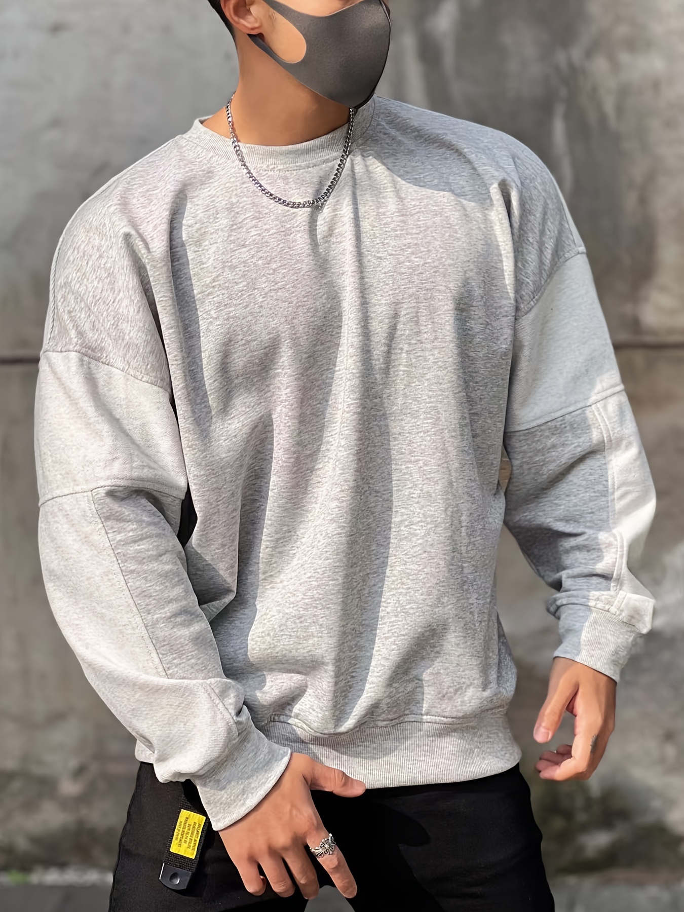 Men s Solid Color Round Neck Dropped Shoulder Sweatshirt Temu