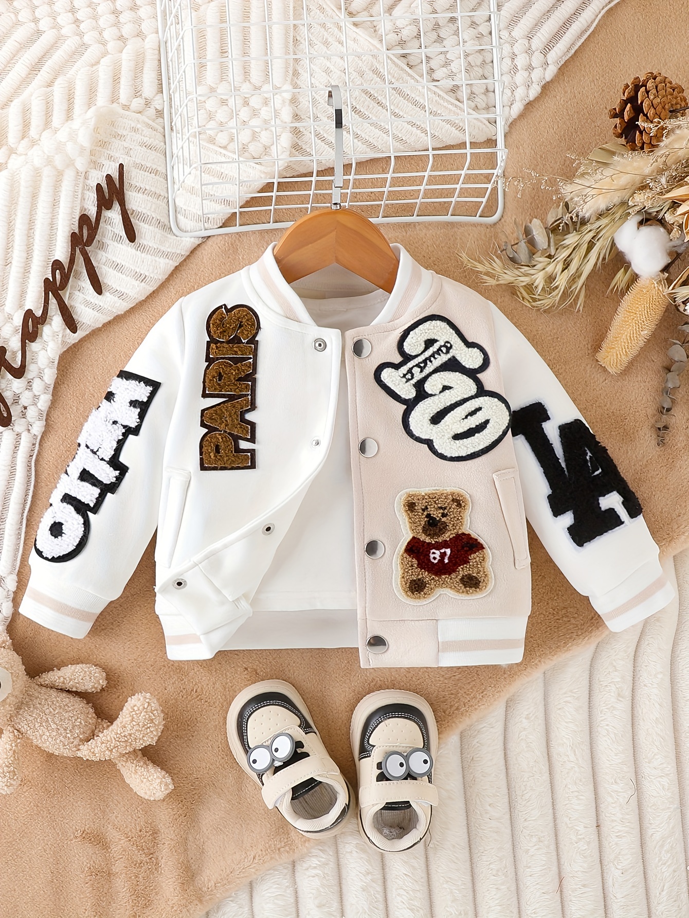Toddler Girl 100% Cotton Letter Embroidered Textured Striped Button Design Bomber Jacket