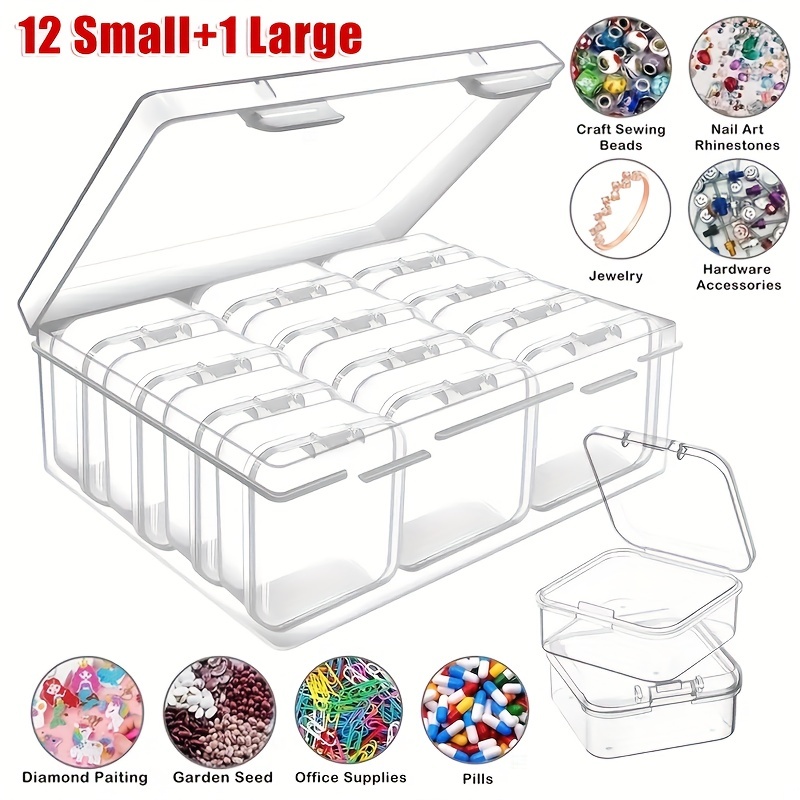 12pcs+1pc Mini Clear Plastic Beads Storage Box , Small Empty Organizer Box  With Hinged Lid For Storage Of Small Items, Jewelry,Hardware,DIY Art Craft
