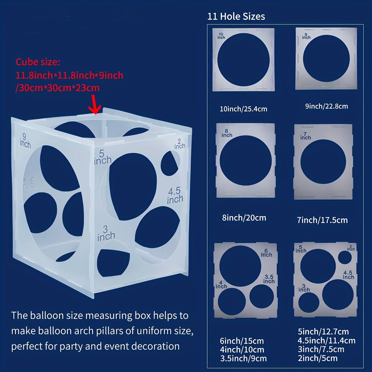 Medidor de globos de 11 agujeros, herramienta de medición de caja de cubo para  decoración de globos, caja de tamaño de globos, caja de agujeros, – Yaxa  Store