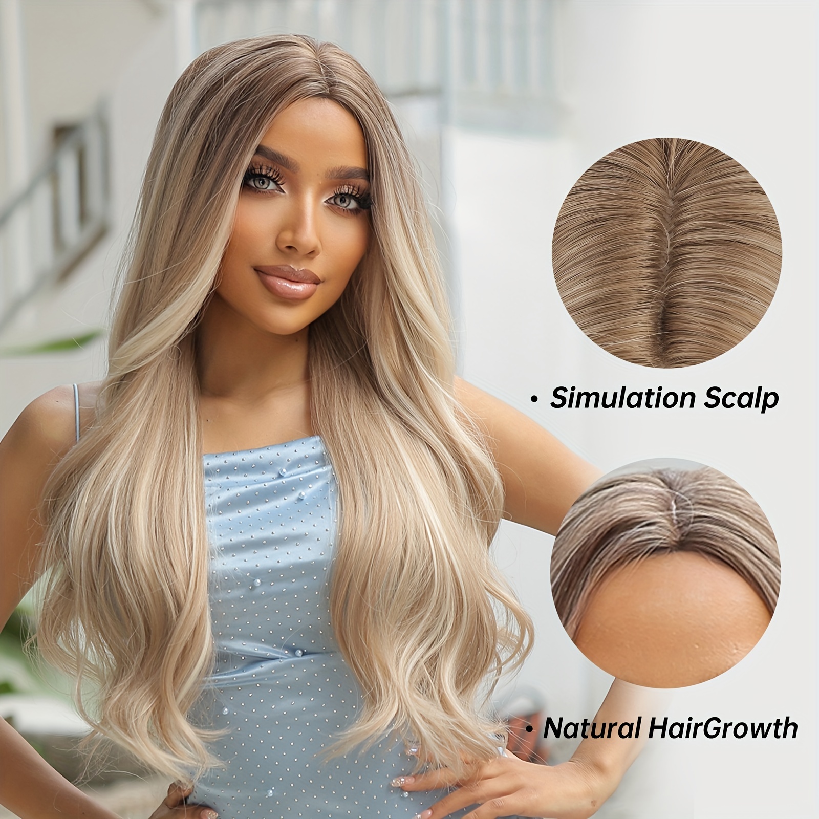 71 12 Cm Long Curly Wavy Brown Blonde Highlight Middle Part Synthetic Wigs
