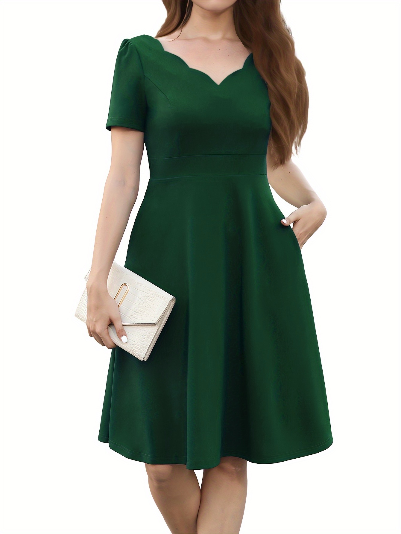 Scallop Trim Solid -mekko, Tyylikäs V-kaula-aukoinen lyhythihainen mekko, Naisten vaatteet