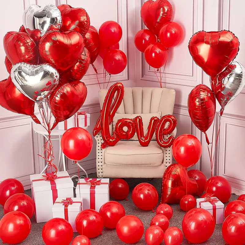 Conjunto de decoración de San Valentín con 50 globos rojos en forma de  corazón para aniversario de bodas, celebración romántica de San Valentín,  Día d