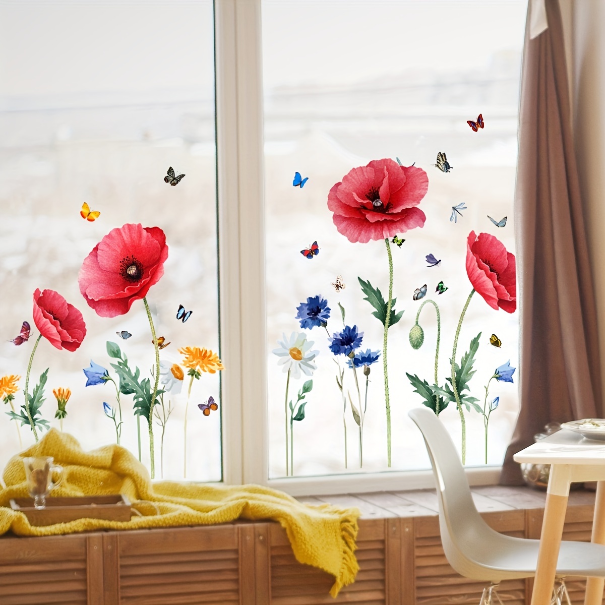 Stickers miroir bucolique : tulipes en vase et papillons