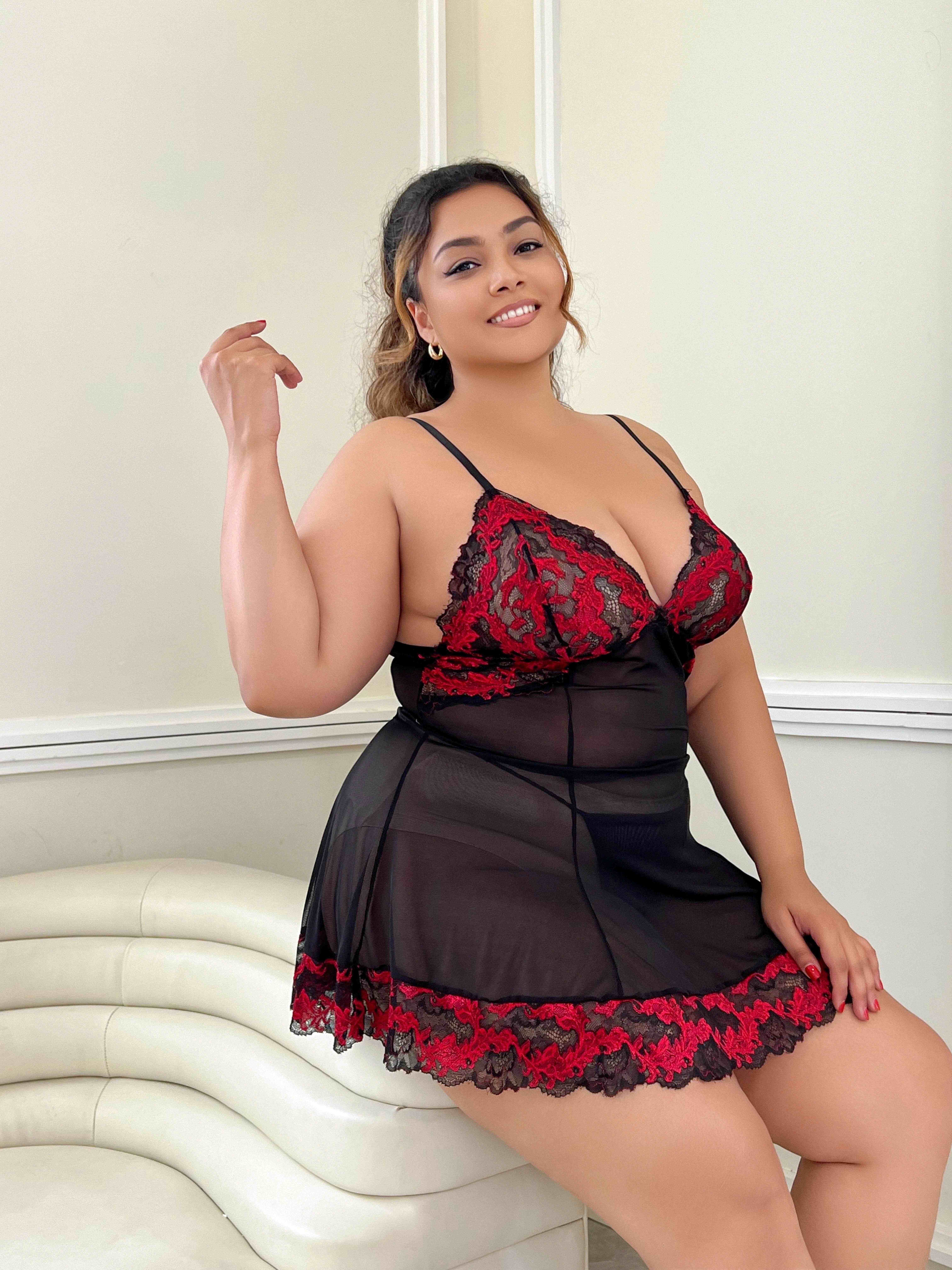 Plus Size Sexy Lingerie Dress Set, Women's Plus Floral Embroidered See  Through Mesh Babydoll Dress & Thong Lingerie Two Piece Set
