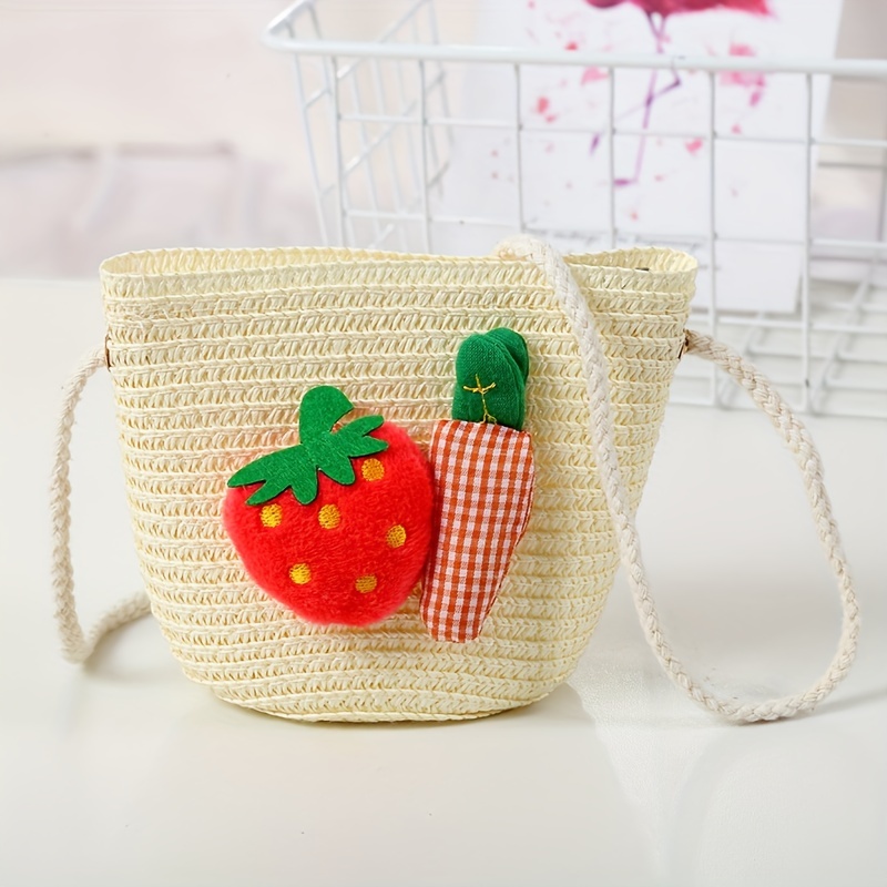 Girls Cute Strawberry Carrot Decor Straw Woven Shoulder Bag Coin Purse  Crossbody Bag With Zipper - Temu