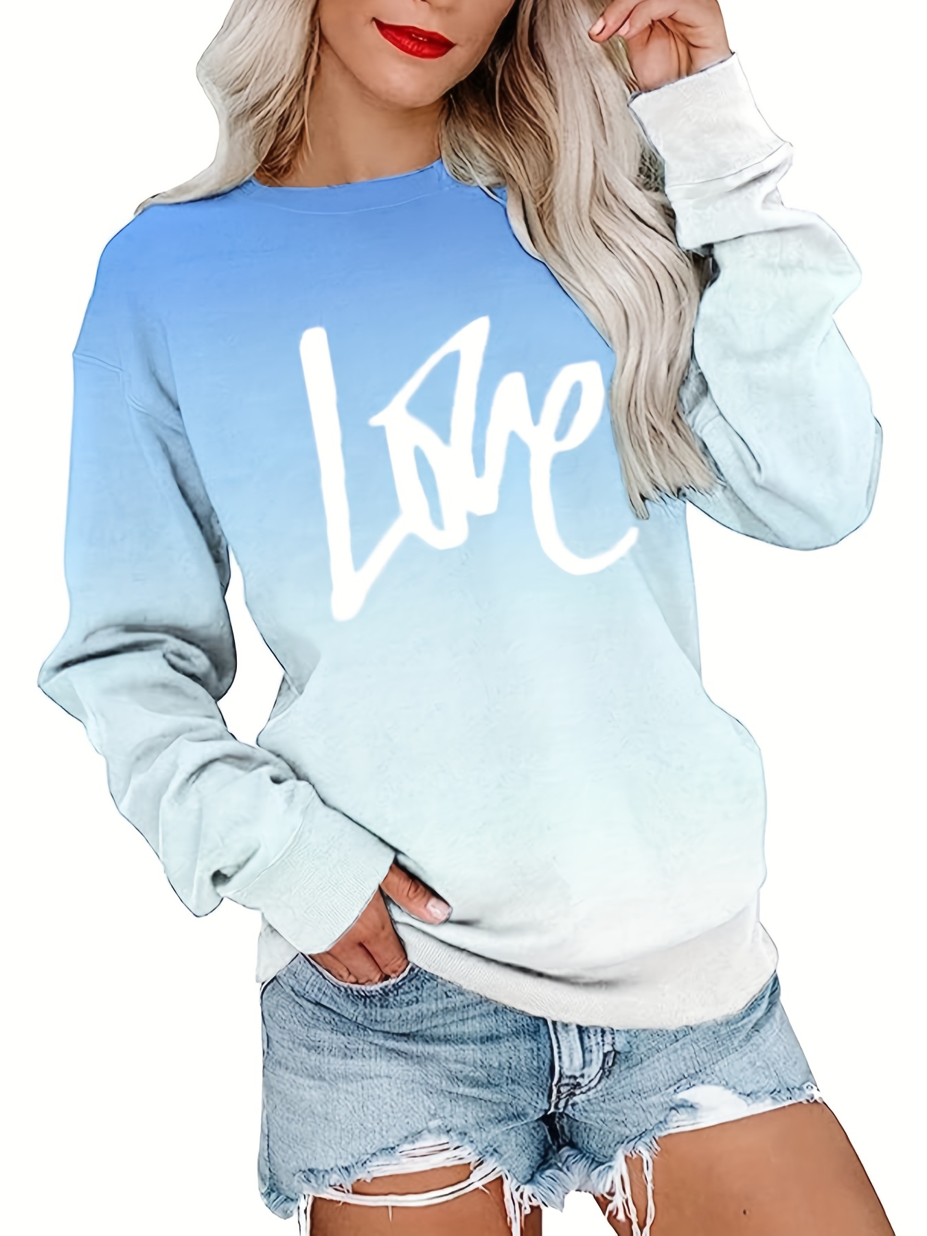 heart print ombre sweatshirt casual long sleeve crew neck Temu