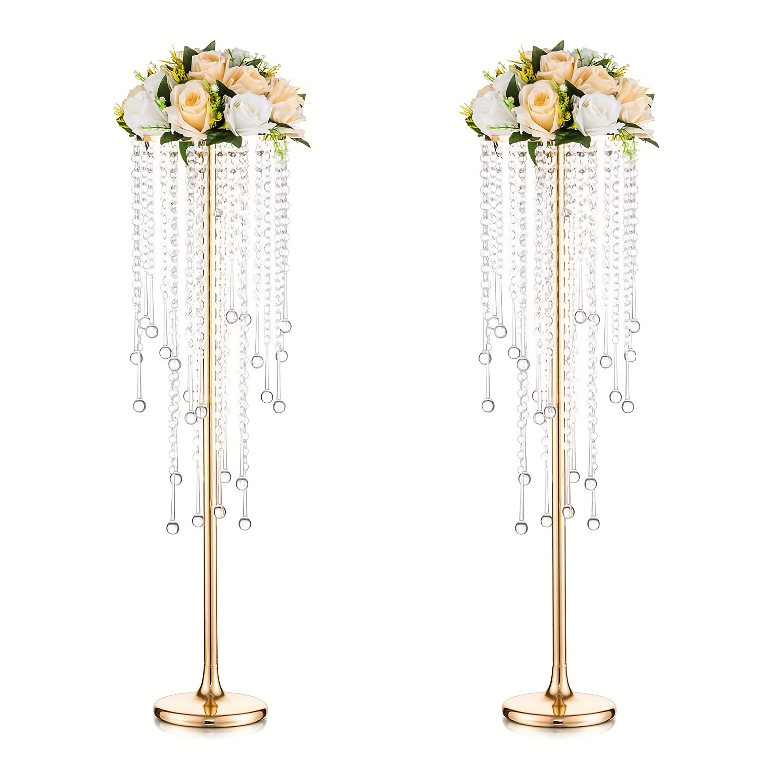 

Set/2pcs, Tall Vases Wedding Centerpieces For Tables Golden Flower Vase With Chandelier Crystal, Centerpiece Table Decorations, Metal Flower Stand For Wedding, Reception, Party, Events, Home