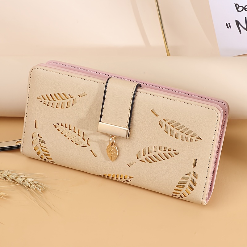 Hollow Leaves Pattern Long Wallet Textured Portable Temu