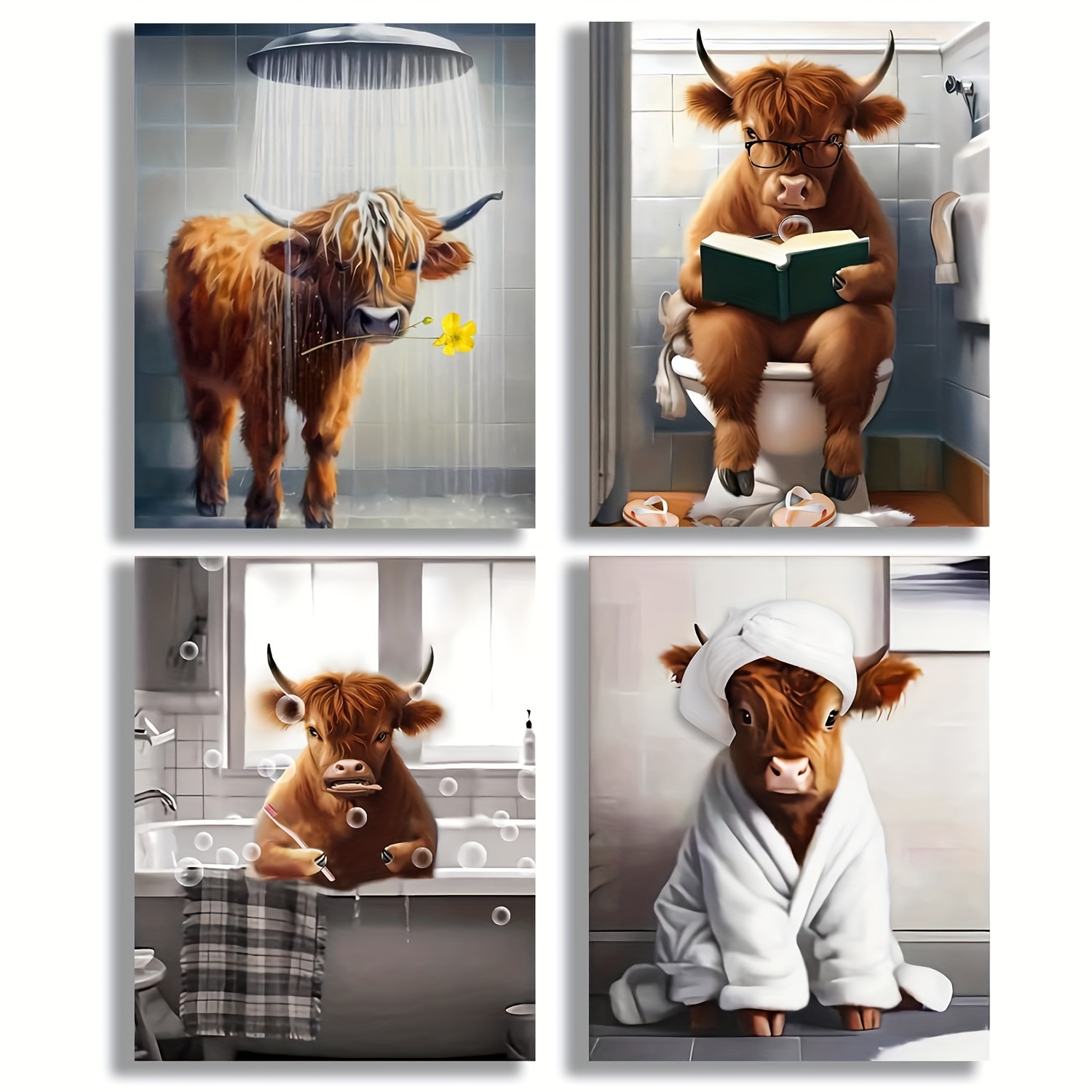 

4pcs Funny Highland Cow Bathroom Wall Art Prints, Brown Cow Vintage Humor Animal Artwork, For Bathroom Farmhouse Decoration Bathroom Decoration, No Frame