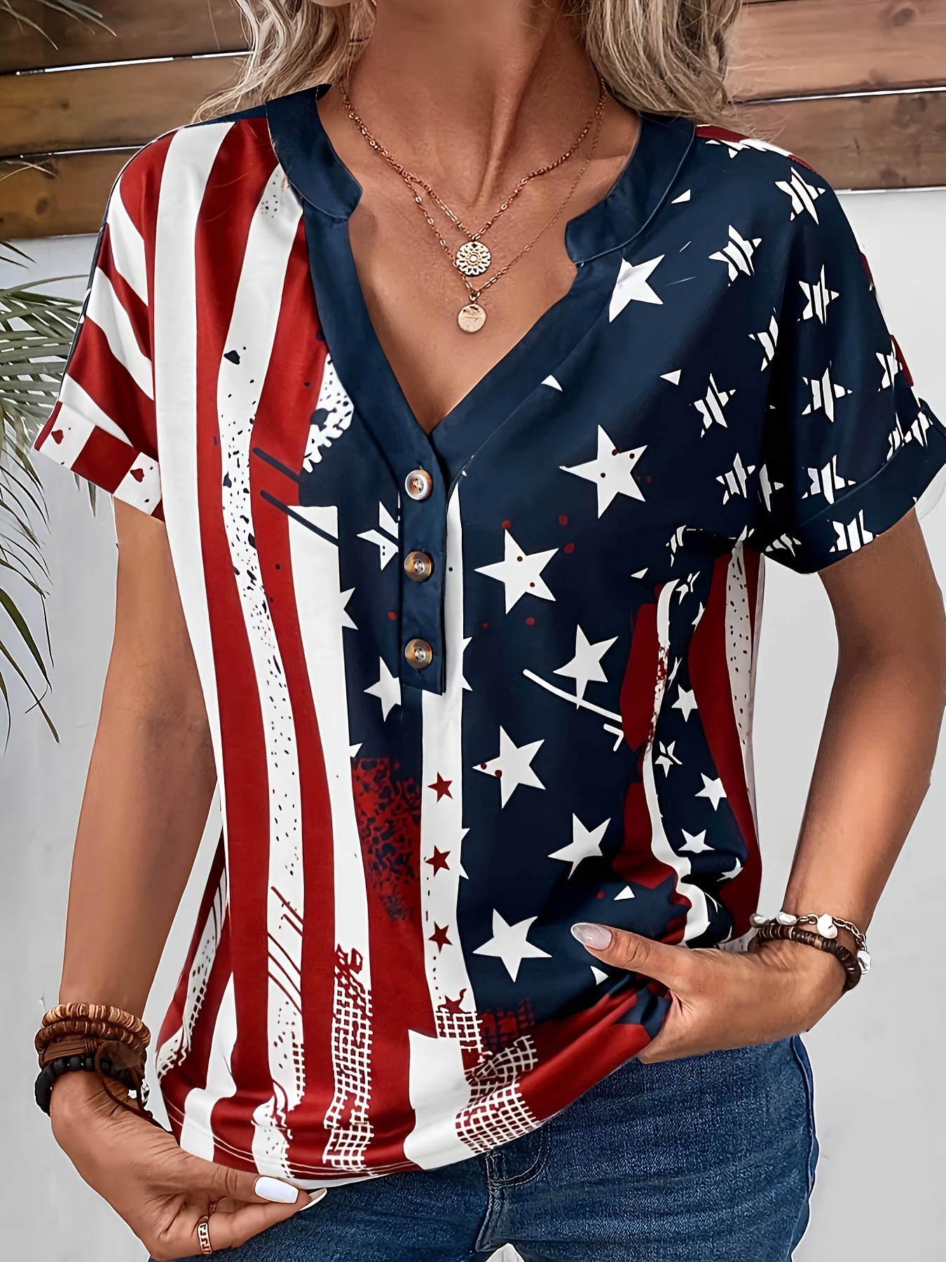 Camiseta de Manga Corta con Estampado de Bandera y Letras para Mujer, Blusa  Independiente de Talla Grande, Camiseta de tamaño Camisetas Reductoras