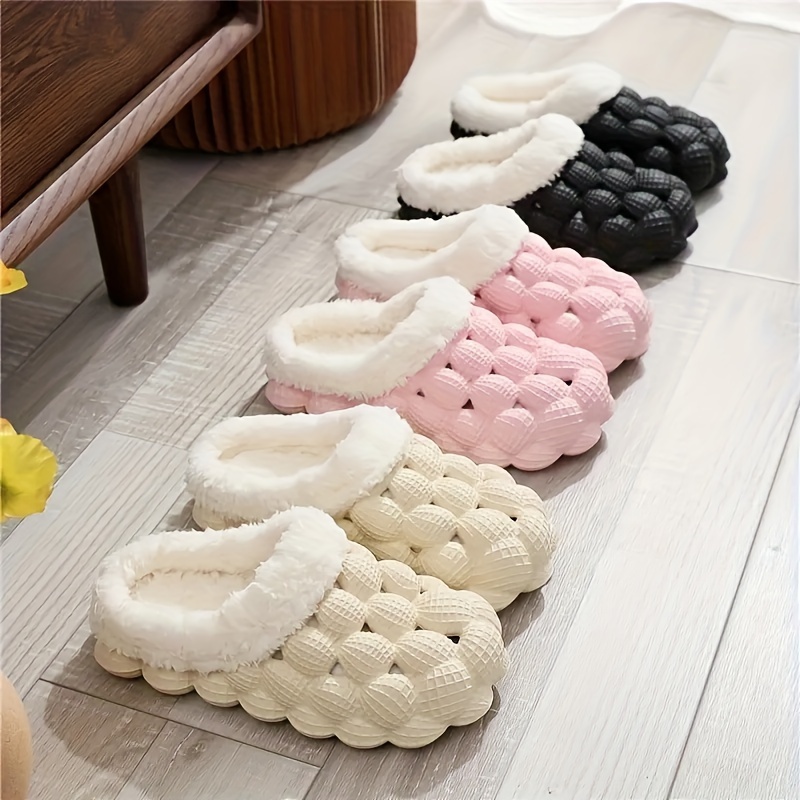 

Plush Lined Bubble Clogs, Solid Color Closed Toe Lychee Fuzzy Indoor Shoes, Cozy Warm Home Slippers