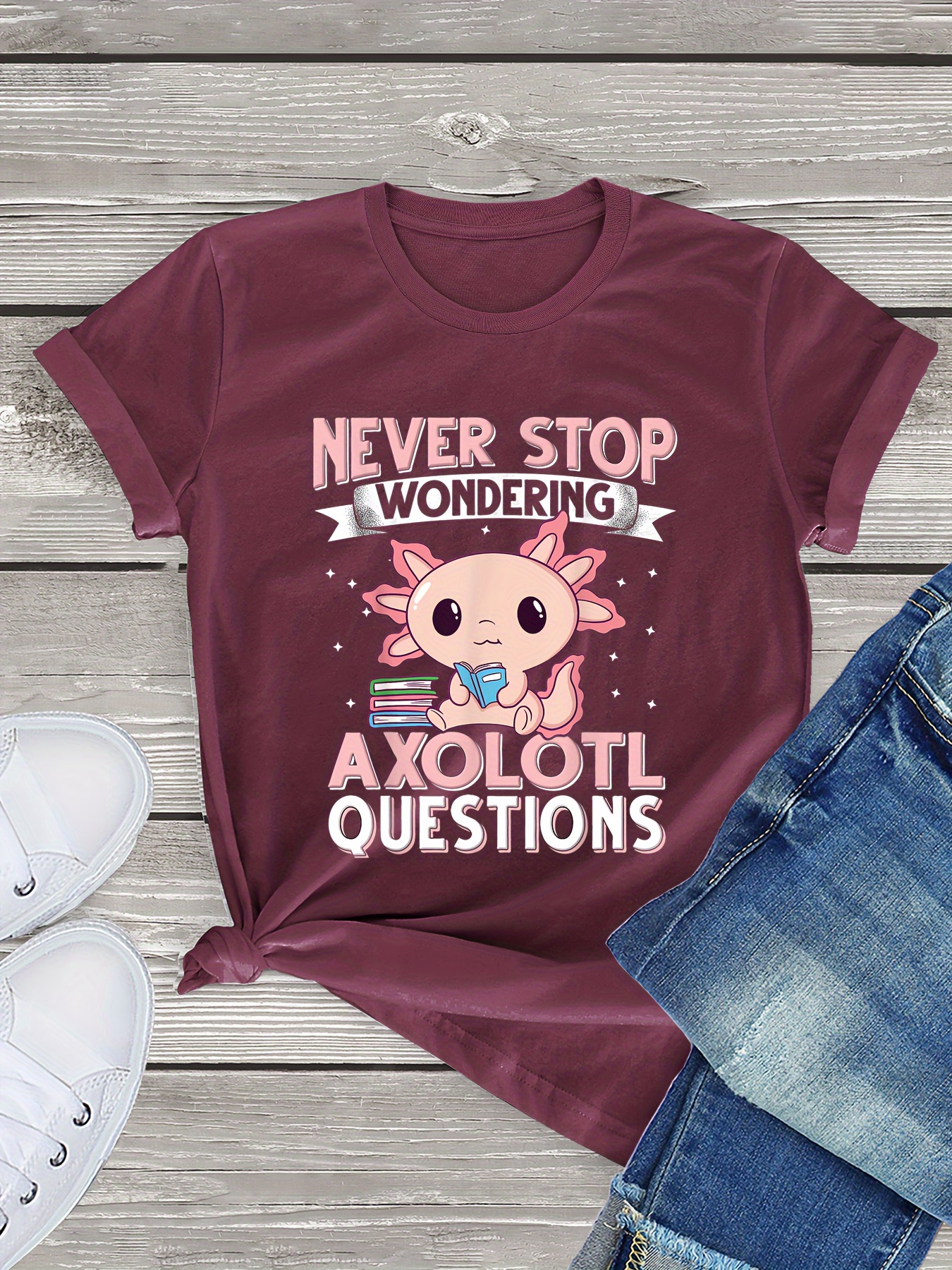 Camiseta de gola redonda com estampa de desenho animado Axolotl