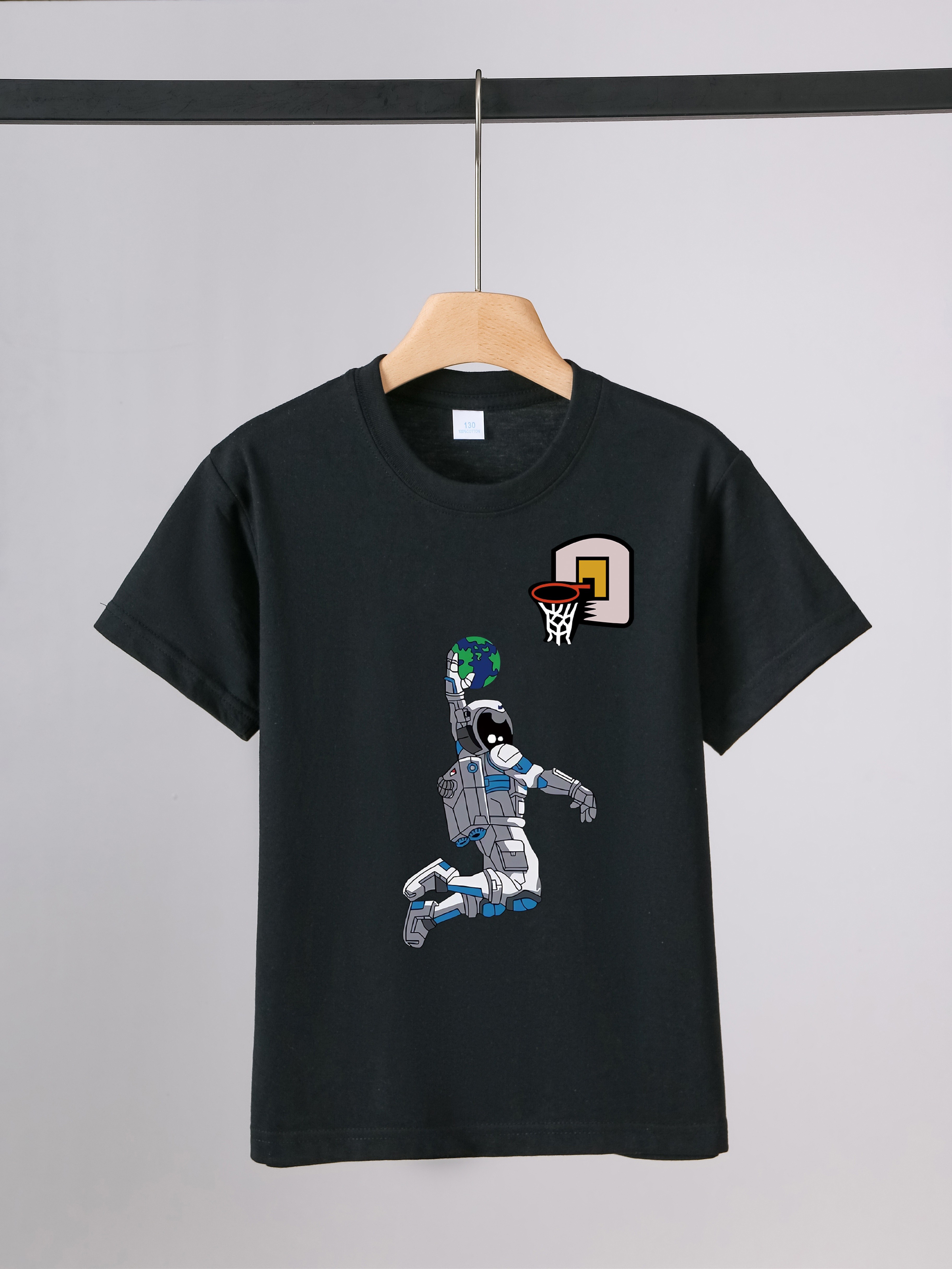 Astronaut Playing Basketball Print Boys Creative T-shirt, Casual