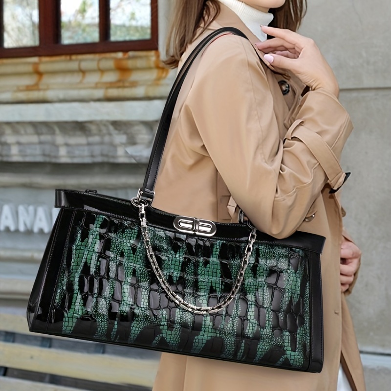 Snakeskin Embossed Tote Bag, Fashion Leather Shoulder Bag, Women's Large  Capacity Satchel Purse