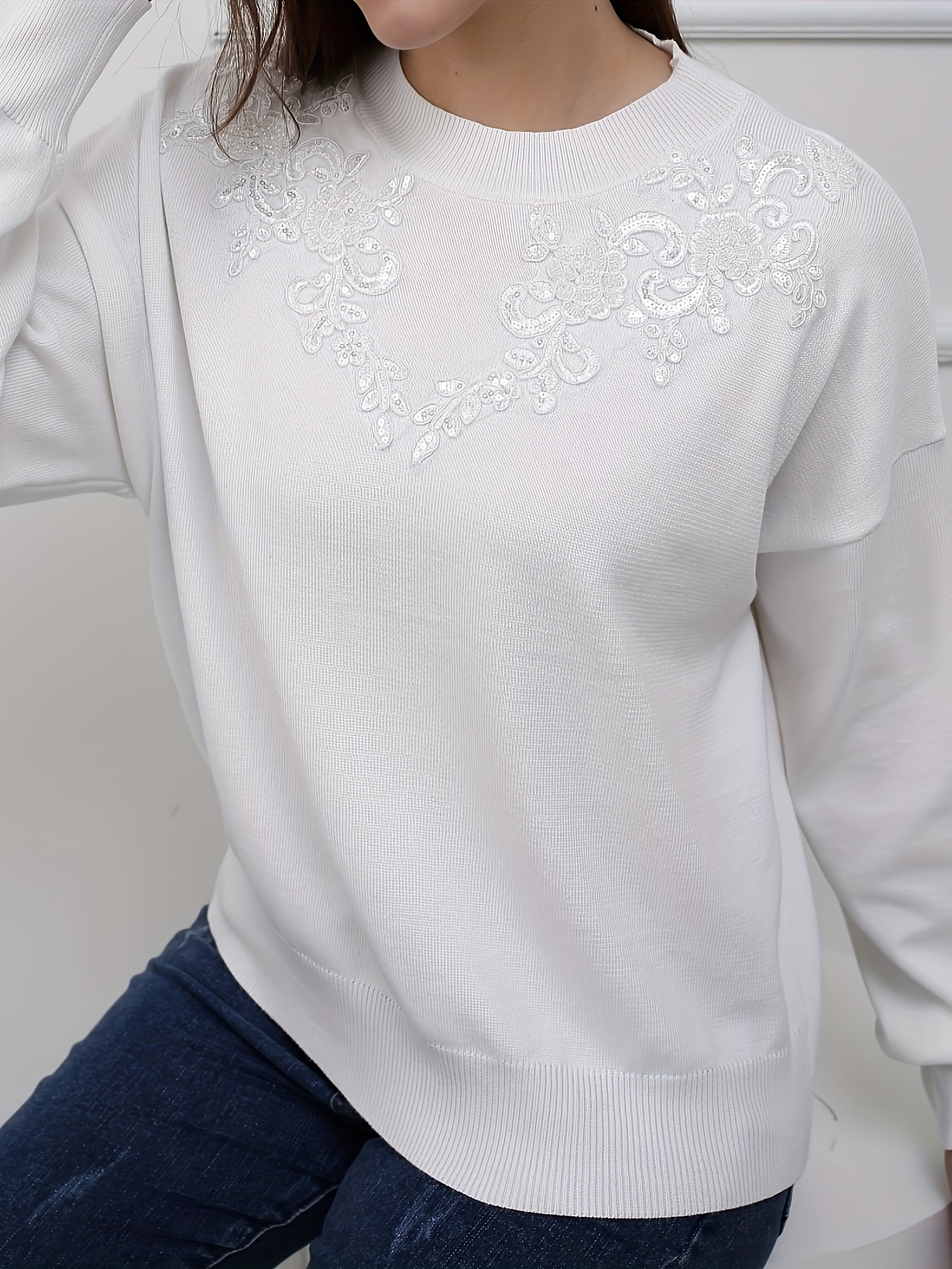 Sequin Trim Mock Neck Top