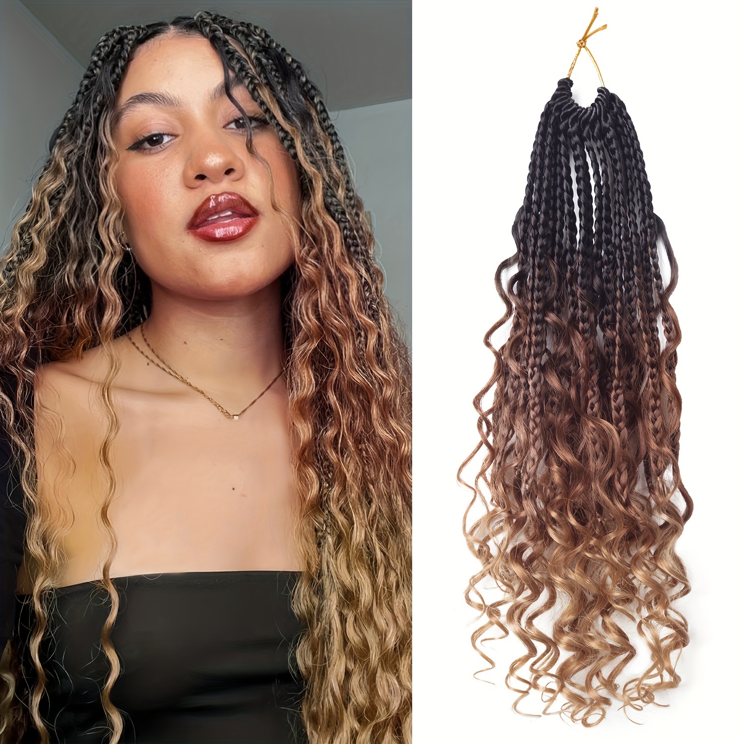 Bohemian Messy Box Braids Crochet Hair 14 Inch Goddess 3X Braids Curly End  Pre Looped Ombre Braiding Hair Extension For Women