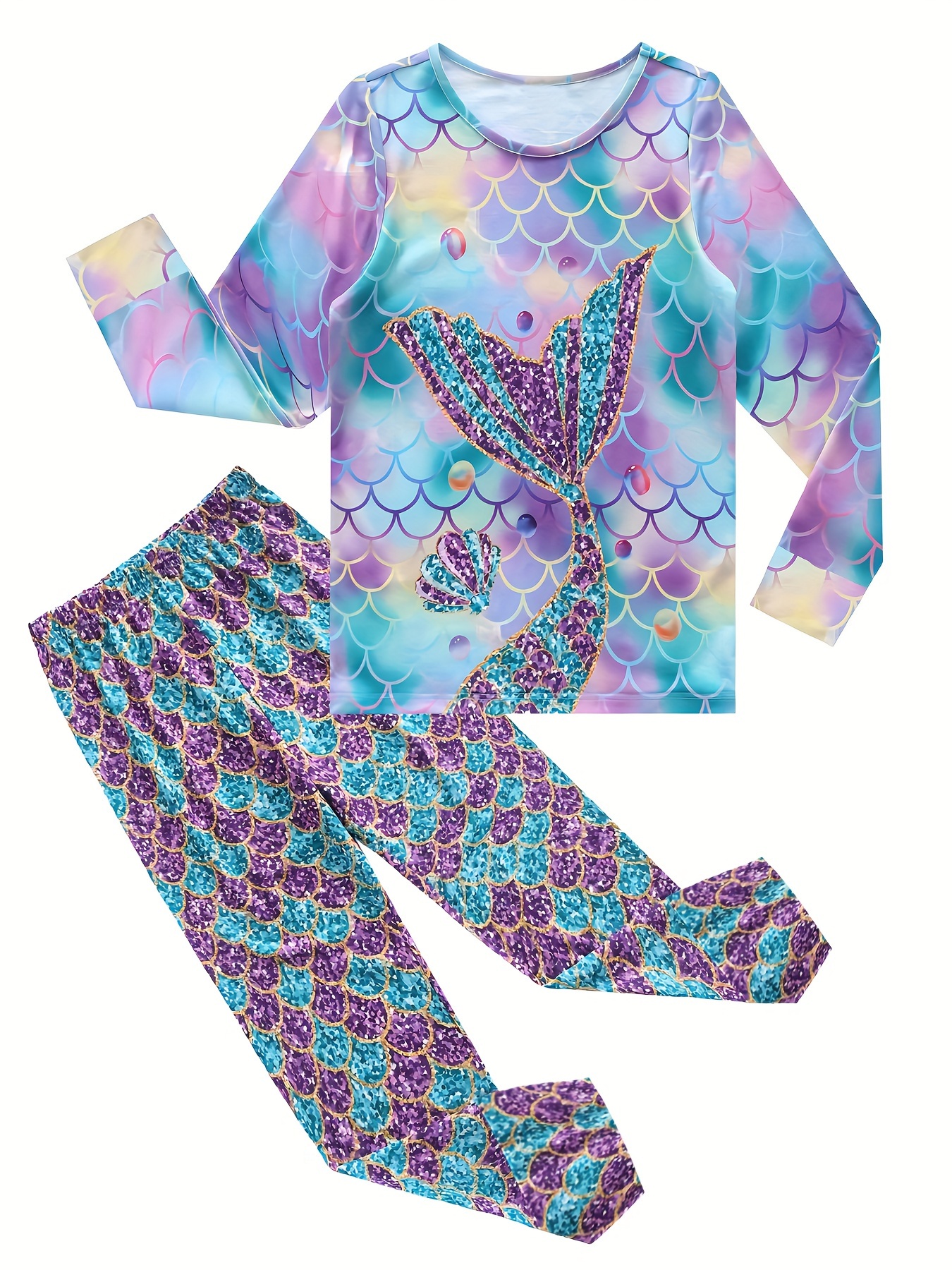 Kid s Mermaid Tail Pattern Pajamas Long Sleeve Top Pants Set Temu