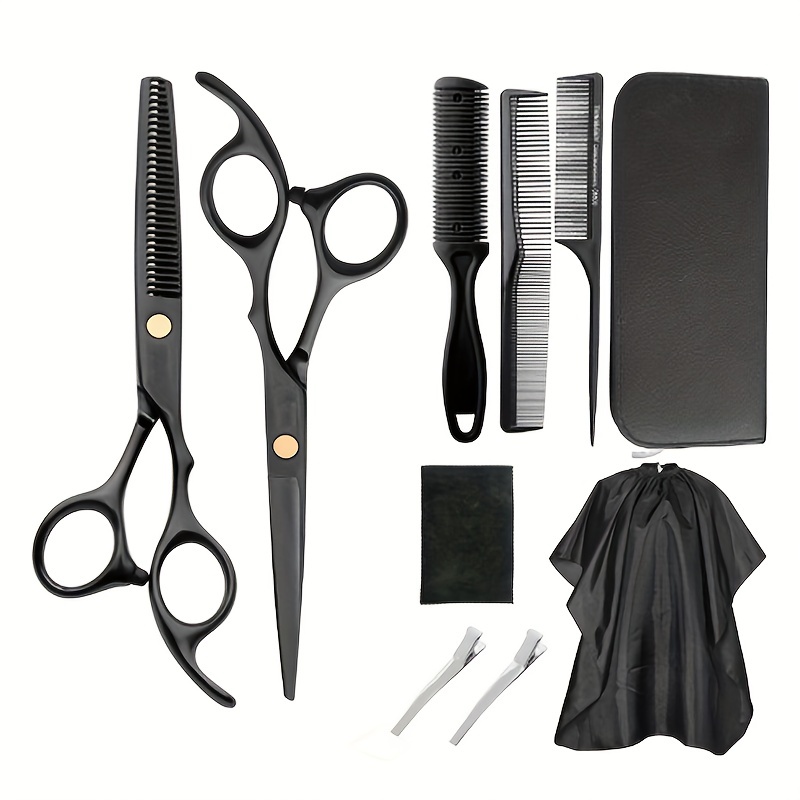 10pcs hair cutting scissors set, professional haircut scissors kit with  cutting scissors,thinning scissors, comb,cape, clips, black hairdressing  shears set for barber, salon, home 