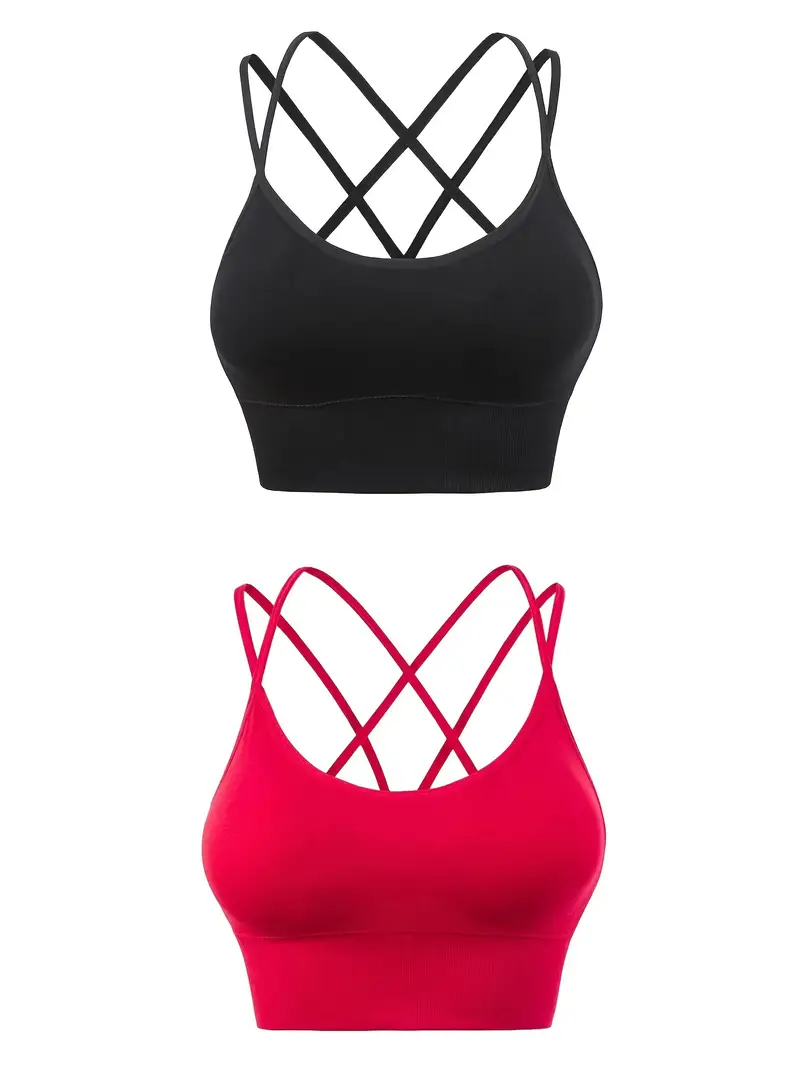 2 Pcs Strappy Crossover Back Yoga Sports Bras, Quick Dry Shockproof Running  Fitness Compression Bra, Women's Lingerie & Underwear