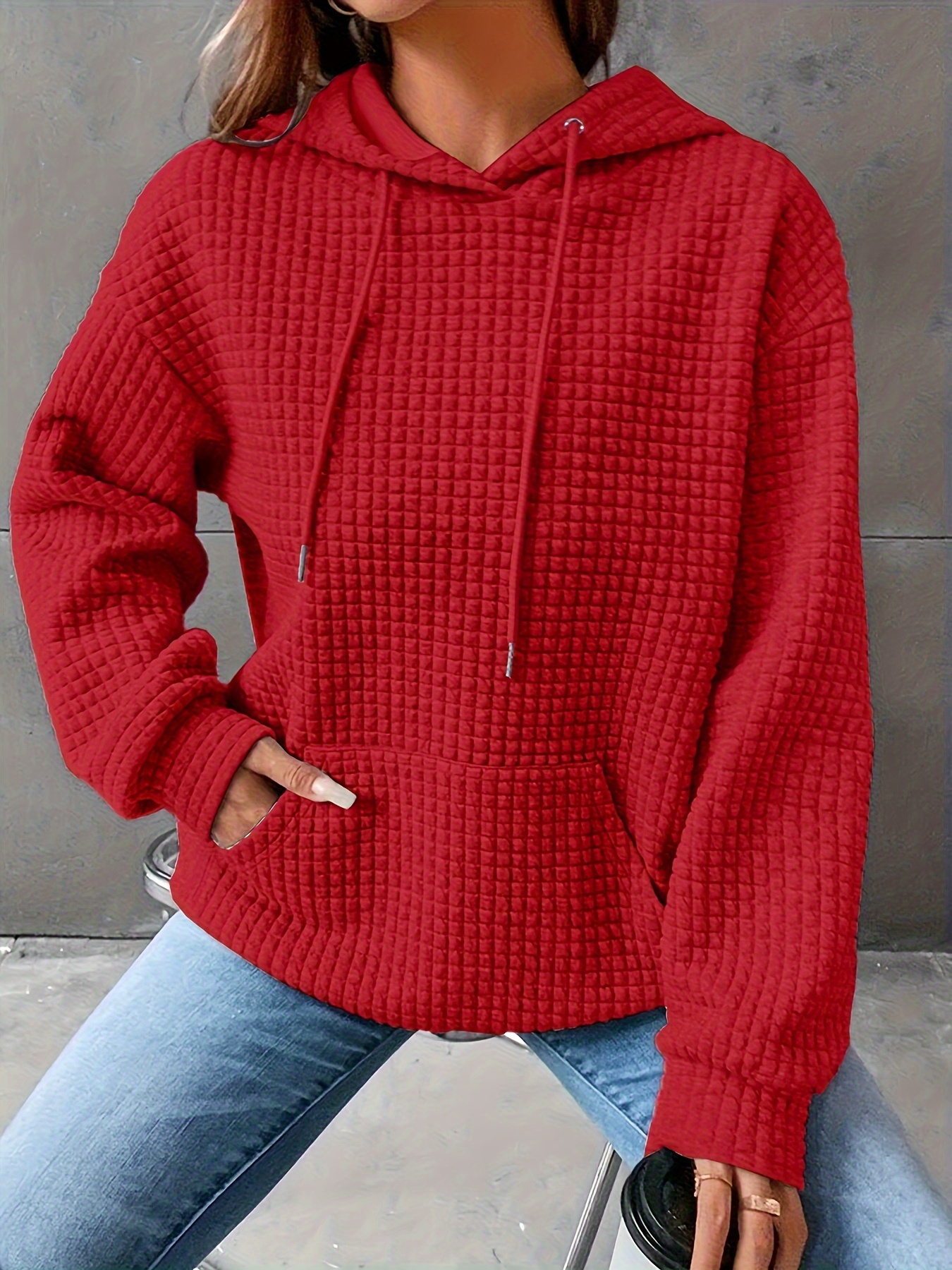 Plus Size Casual Sweatshirt Women s Plus Solid Waffle Temu