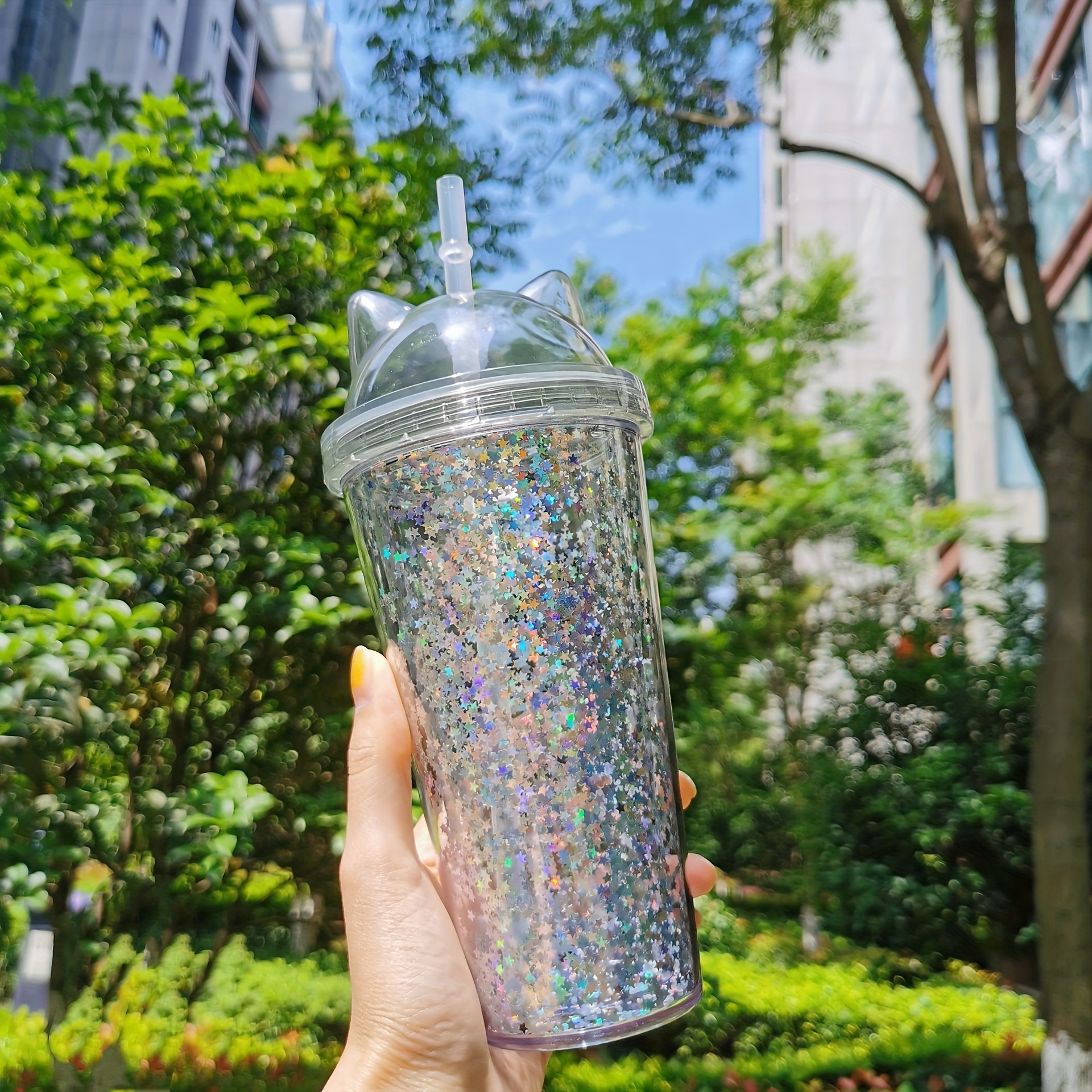 1pc Glitter Tumbler With Car Ear Lid And Straw Double Walled Water