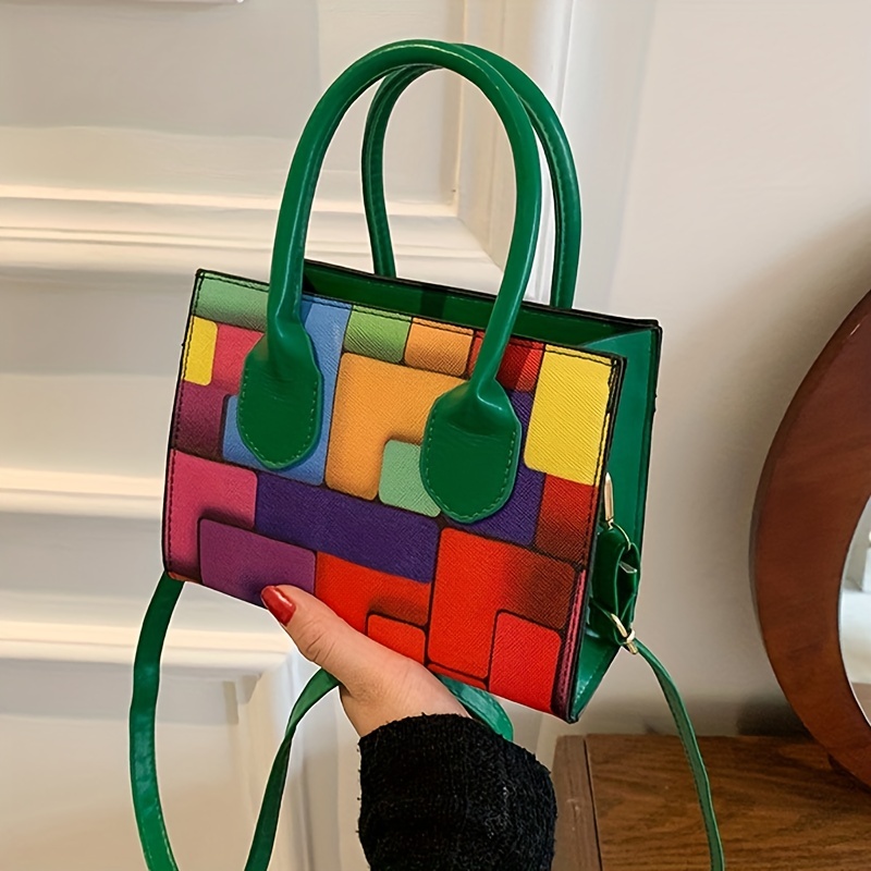 Geometric Pattern Square Bag Colorblock Double Handle