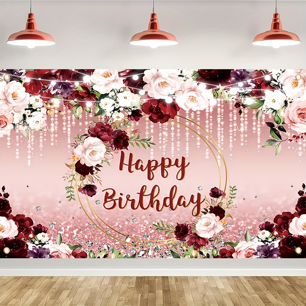 

1pc, Flower Happy Birthday Background Cloth Banner, Polyester Burgundy Flowers Rose Gold Valentine's Day Birthday Party Cake Table Decoration Hanging Flag 70.8x43.3inch/82.8x59.0inch