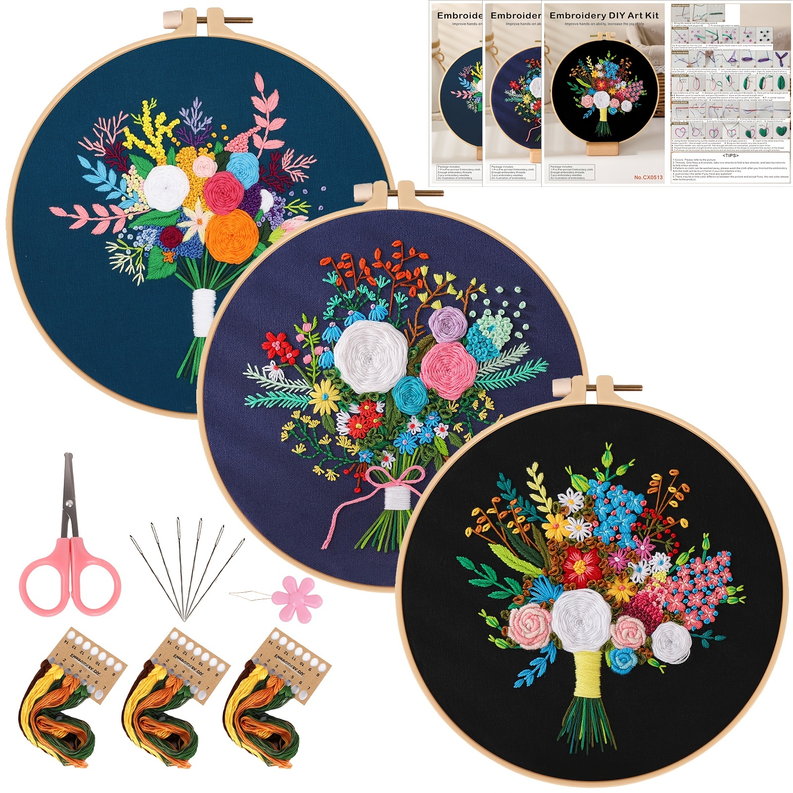 3pcs Flowers Plant DIY Embroidery Kits for Beginners,Include