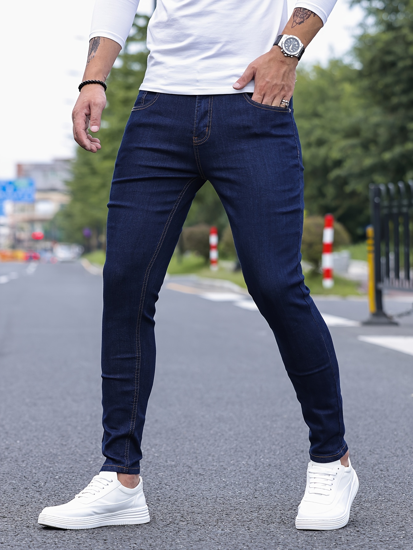 Contrast Stitching Slim Fit Jeans, Men's Casual Street Style Mid