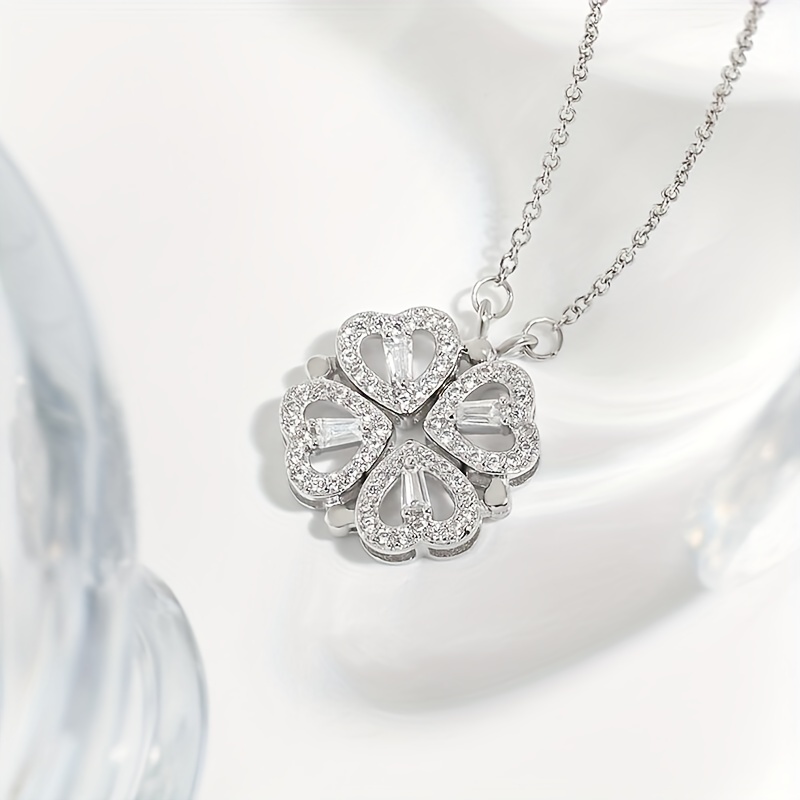 Four Leaf Clover Heart Cubic Zirconia Pendant Necklace for Women Wedding  Jewelry