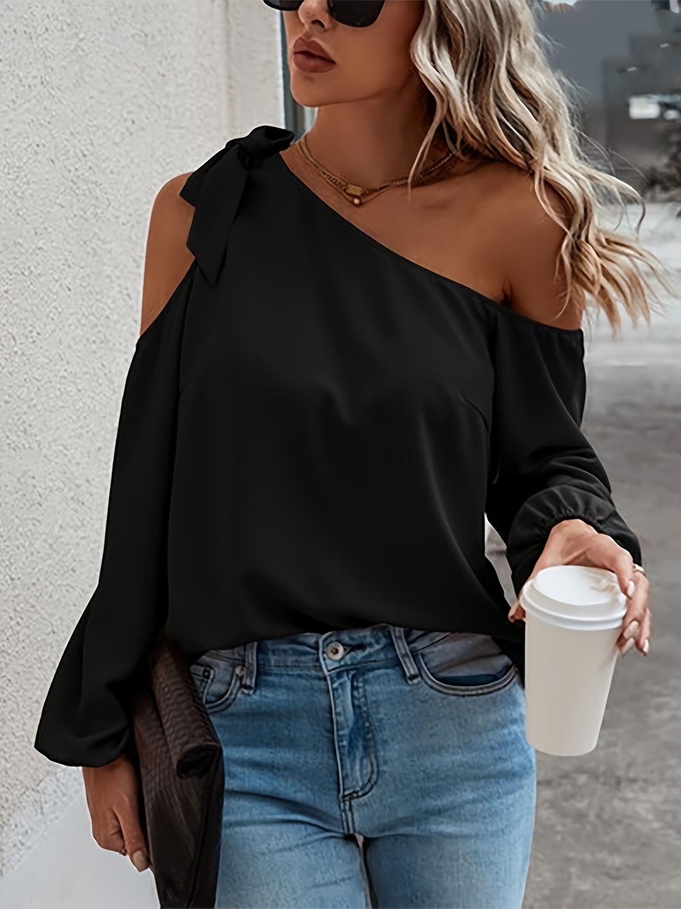 Blusa Sólida De Um Ombro Com Gola Inclinada, Blusa Elegante De Manga  Comprida Para Primavera E Outono, Roupas Femininas